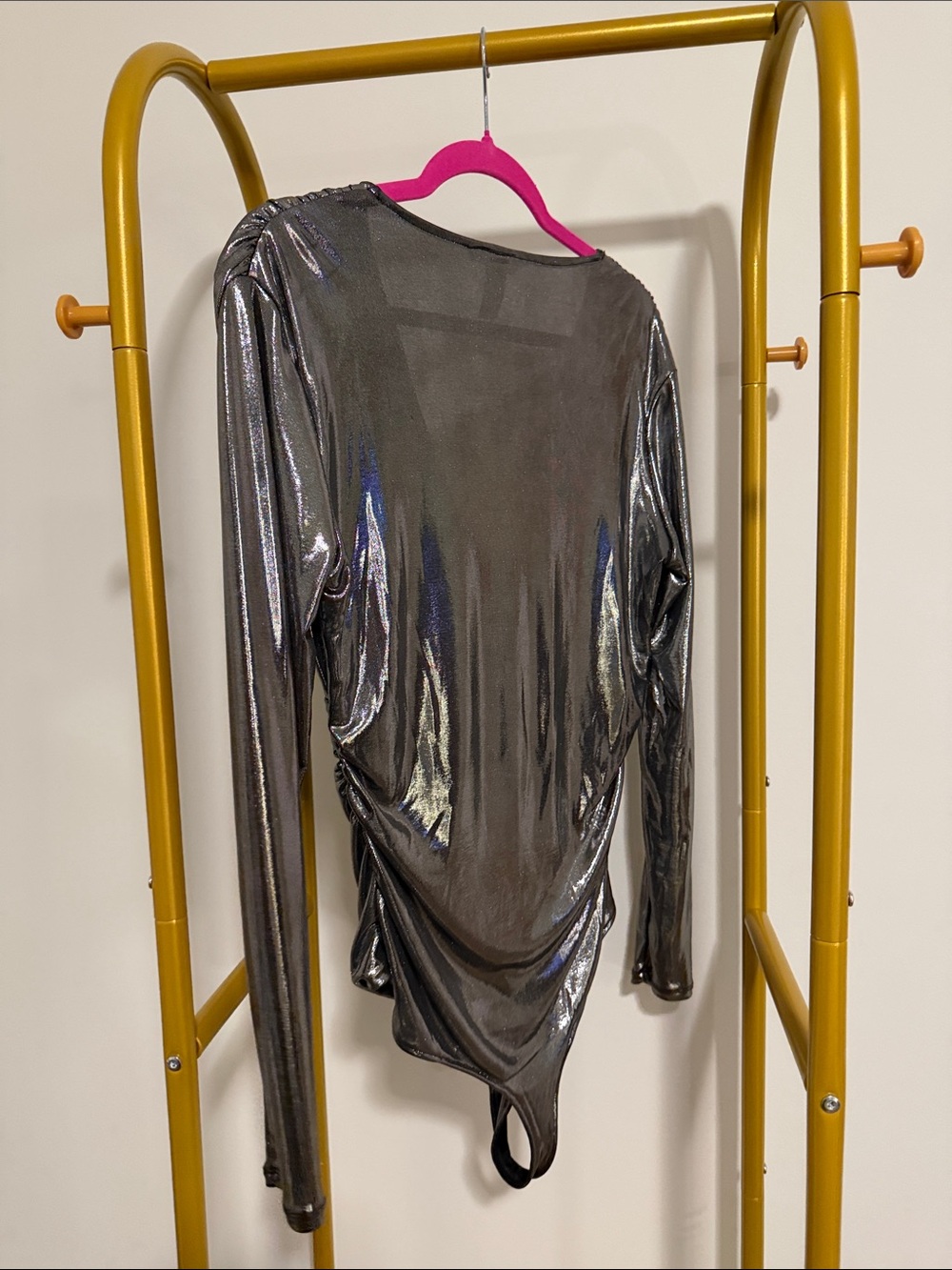 H&M Metallic Silver Plunging V-Neck Long Sleeve Bodysuit - Picture 2 of 4